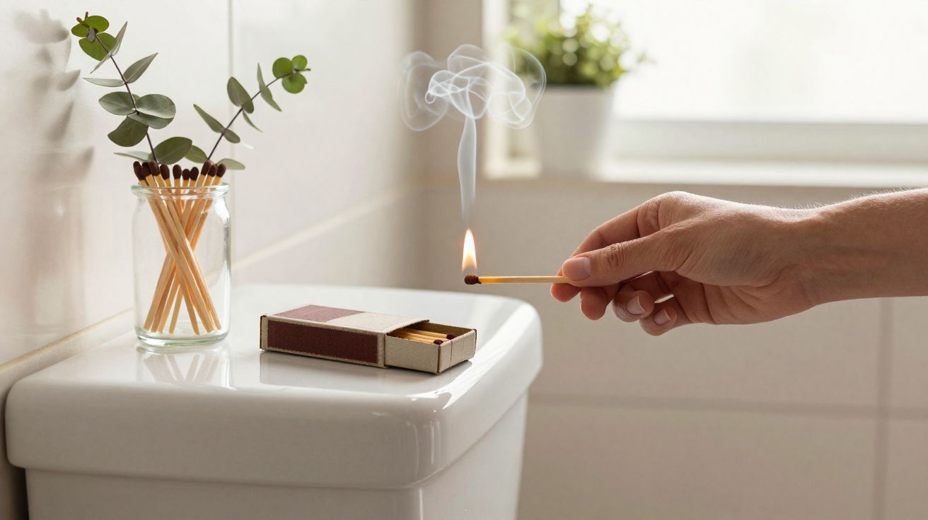 Mão acendendo um palito de fósforo próximo a caixa aberta e vidrinho com palitos e folhas em banheiro claro.
