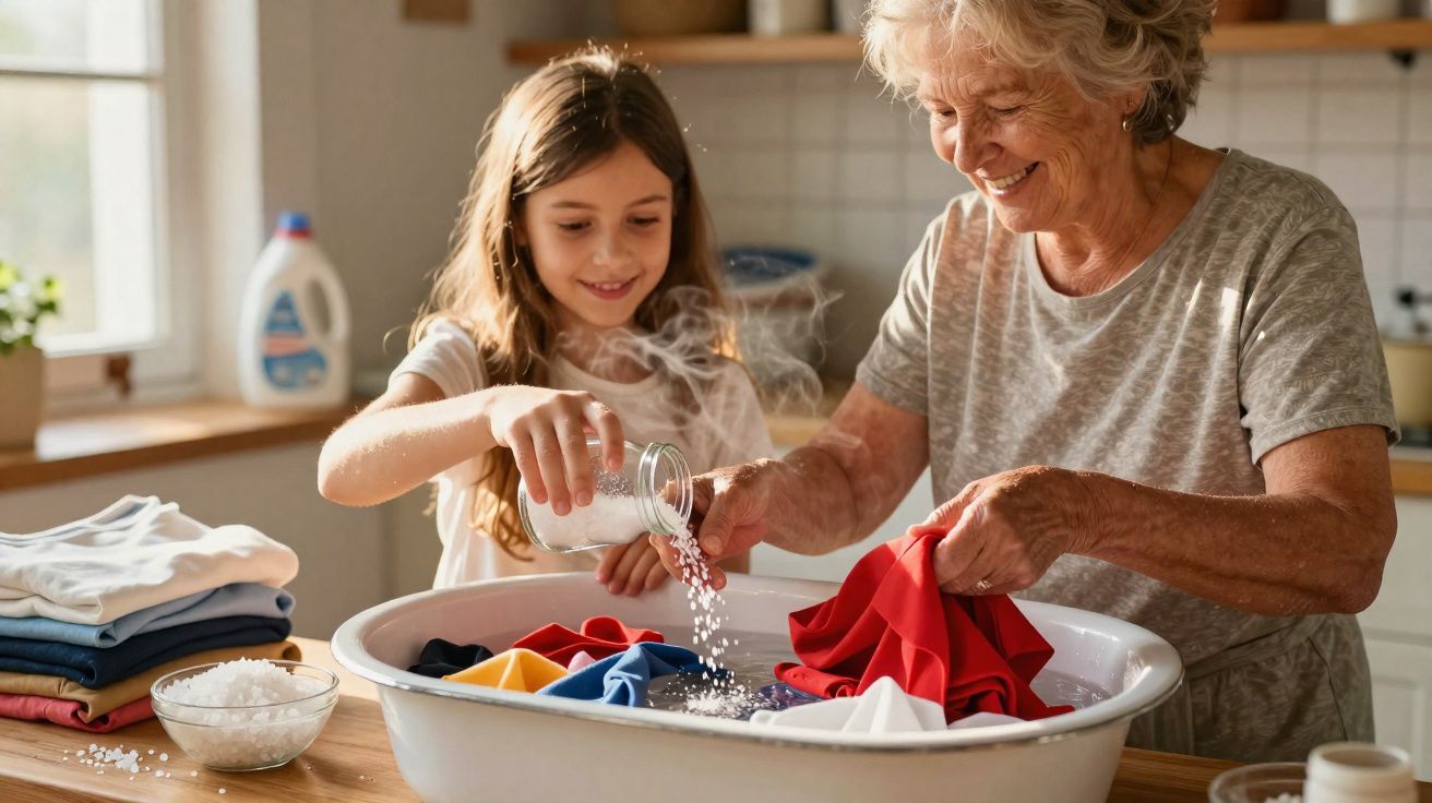 Menina e idosa sorriem enquanto lavam roupas coloridas juntas em uma bacia na cozinha.