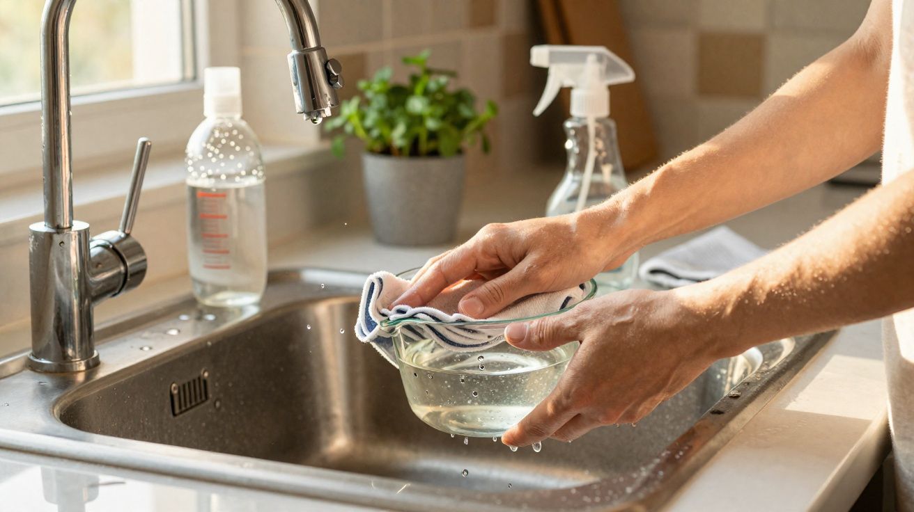 Pessoa lavando tigela de vidro com pano sobre pia de cozinha moderna.