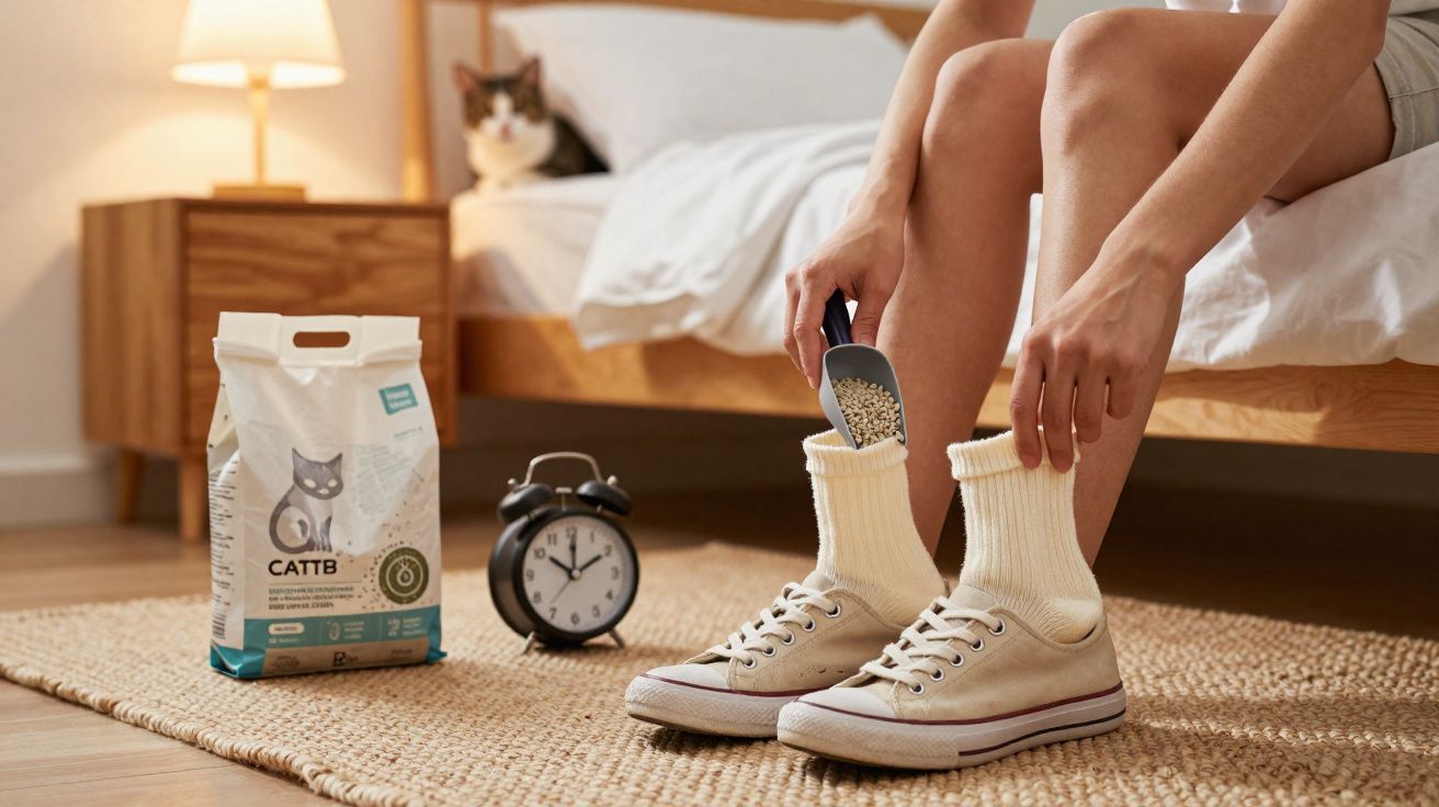 Pessoa sentada na cama enchendo meias com areia sanitária para gatos, saco de ração e gato ao fundo.