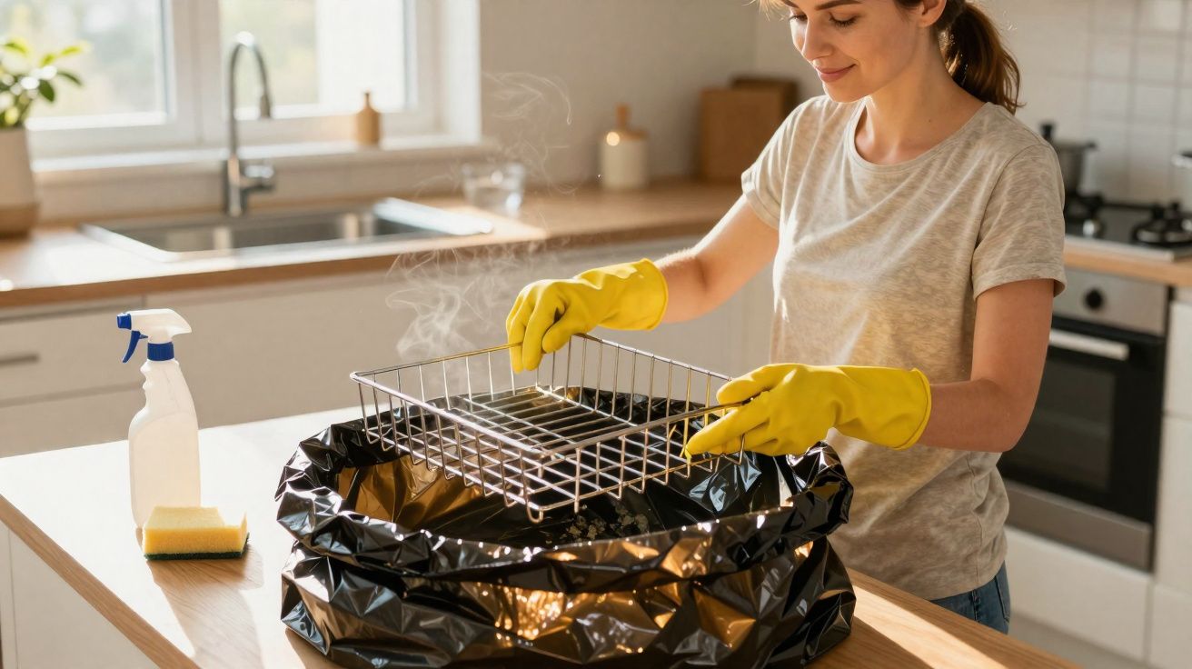 Mulher com luvas amarelas removendo grelha quente da churrasqueira para saco de lixo na cozinha.