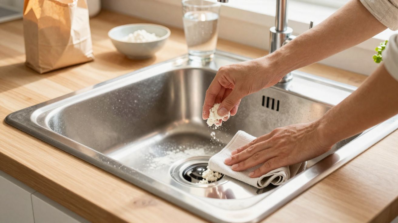 Mãos polvilhando bicarbonato de sódio em pia de cozinha de aço inox para limpeza com pano branco.