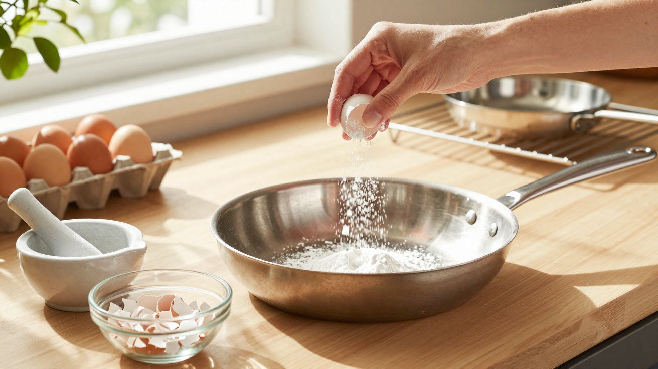 Mão quebrando ovo sobre frigideira com ingredientes e cascas de ovo em bancada iluminada pela janela.