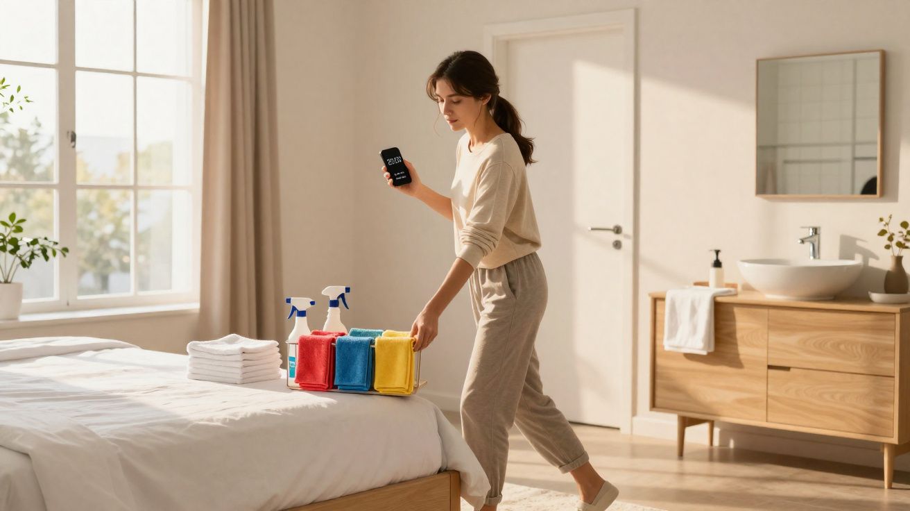 Mulher segurando celular e organizando panos coloridos sobre a cama em quarto iluminado pelo sol.
