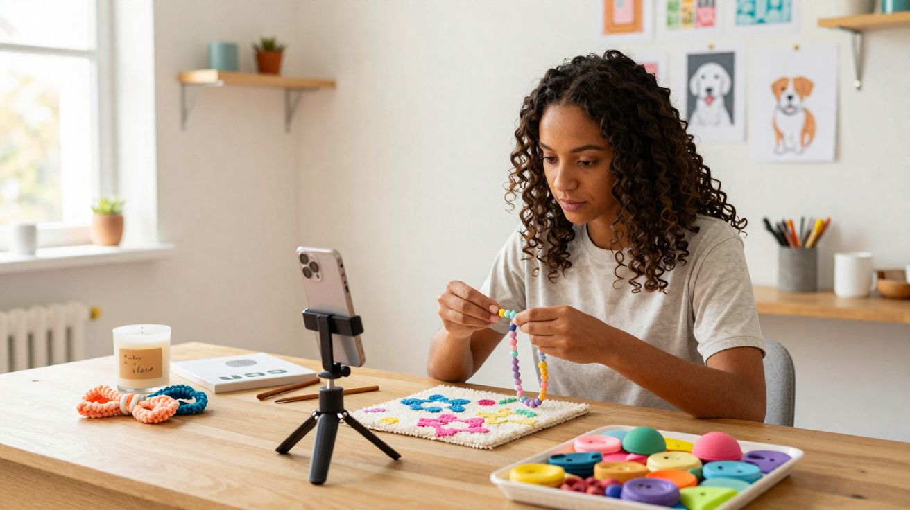 Mulher criando bijuterias coloridas gravando vídeo com celular em tripé dentro de casa.