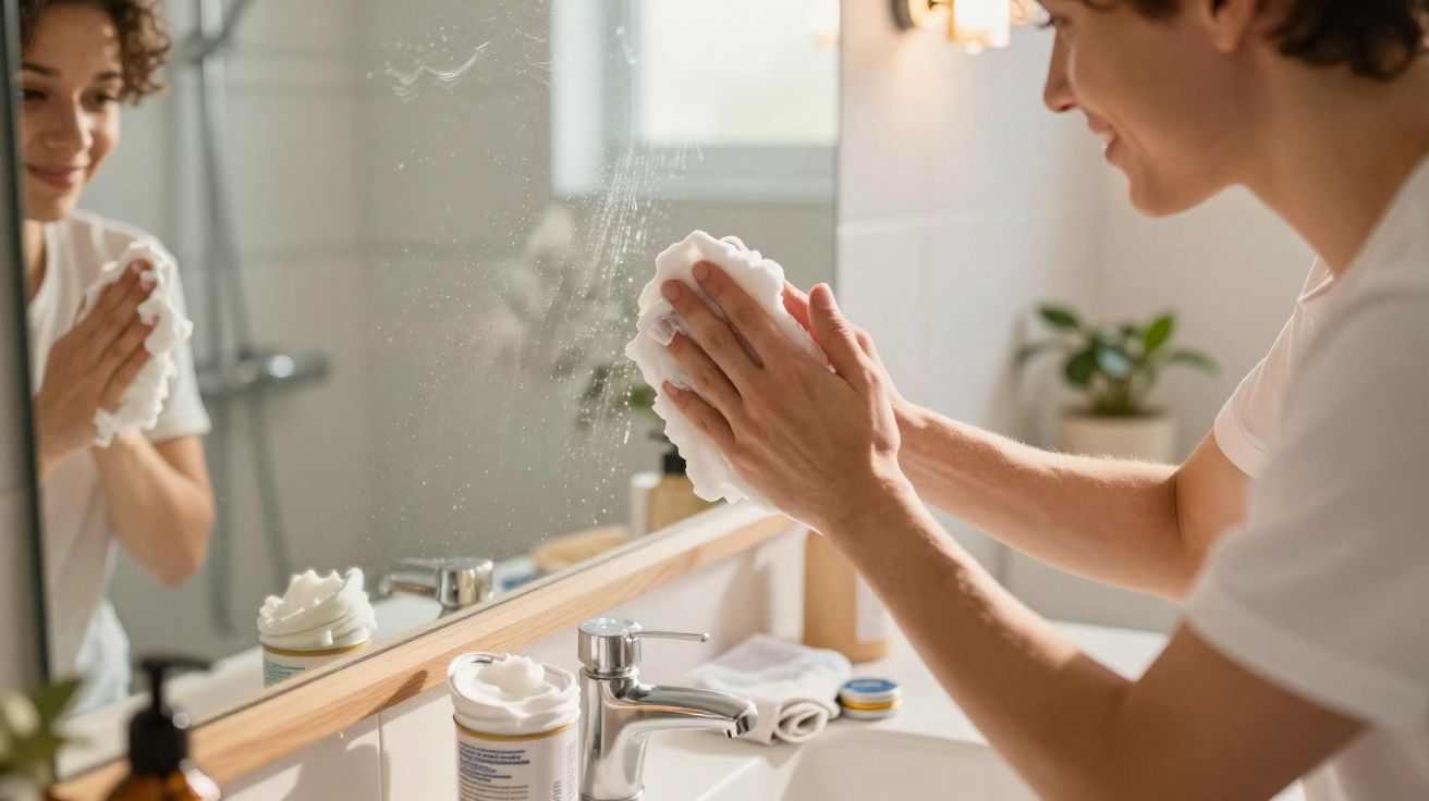 Homem aplicando espuma de barbear no rosto em frente ao espelho do banheiro.