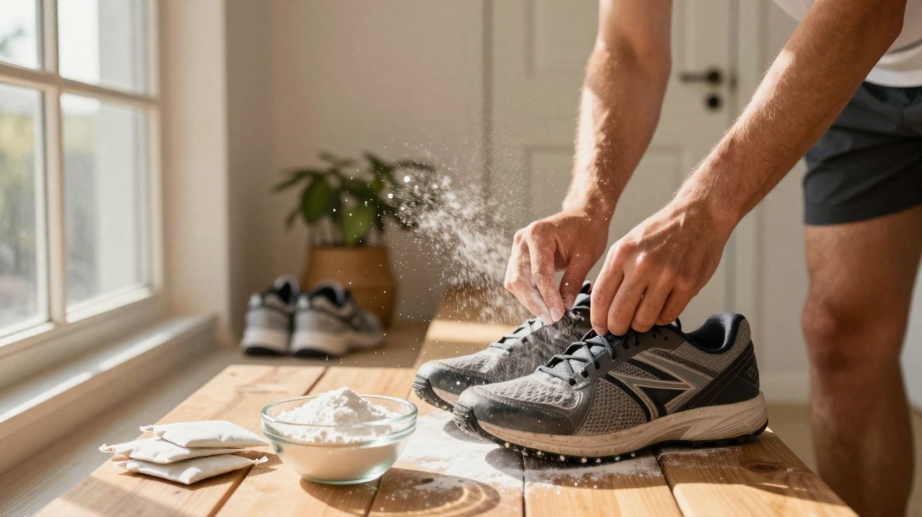 Pessoa polvilhando bicarbonato em tênis cinza para limpeza em mesa de madeira próxima à janela.