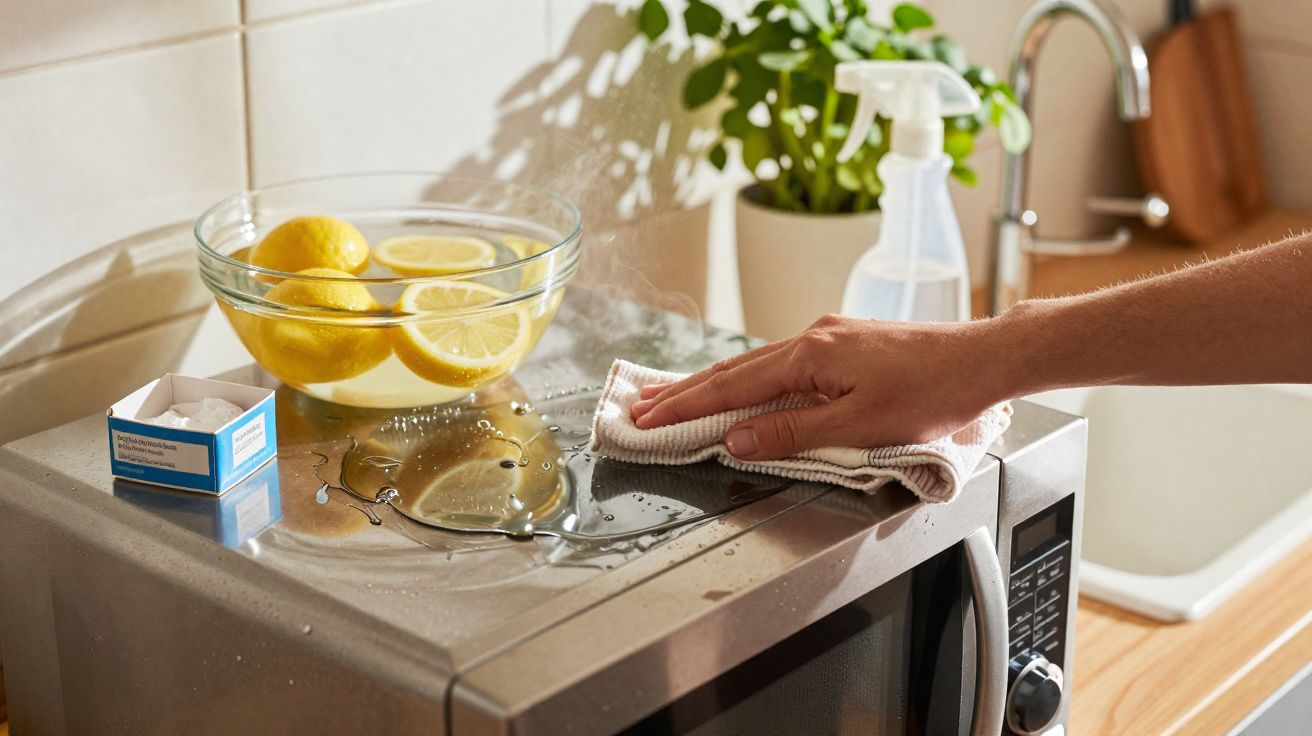 Pessoa limpando o topo de um micro-ondas com pano, próximo a tigela com limões cortados e pulverizador.