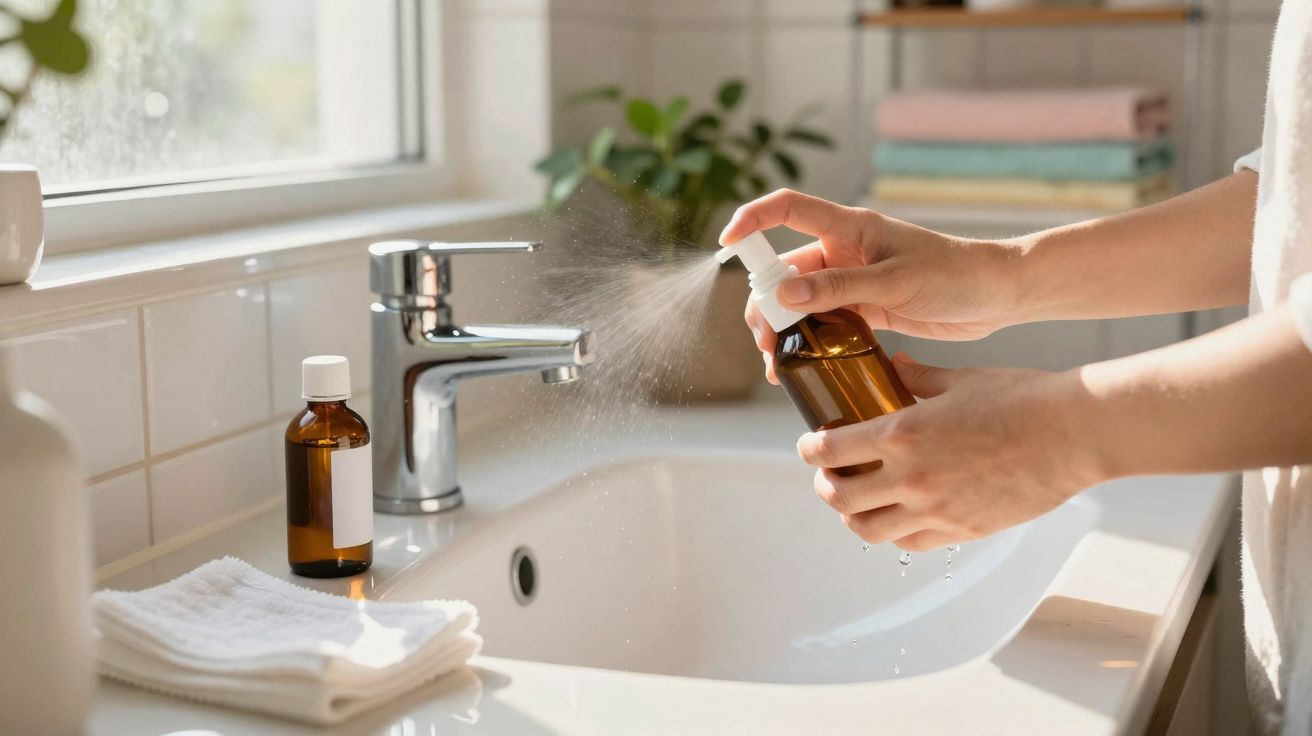 Mãos femininas aplicando spray de frasco âmbar em pia branca com toalha e garrafa ao lado.