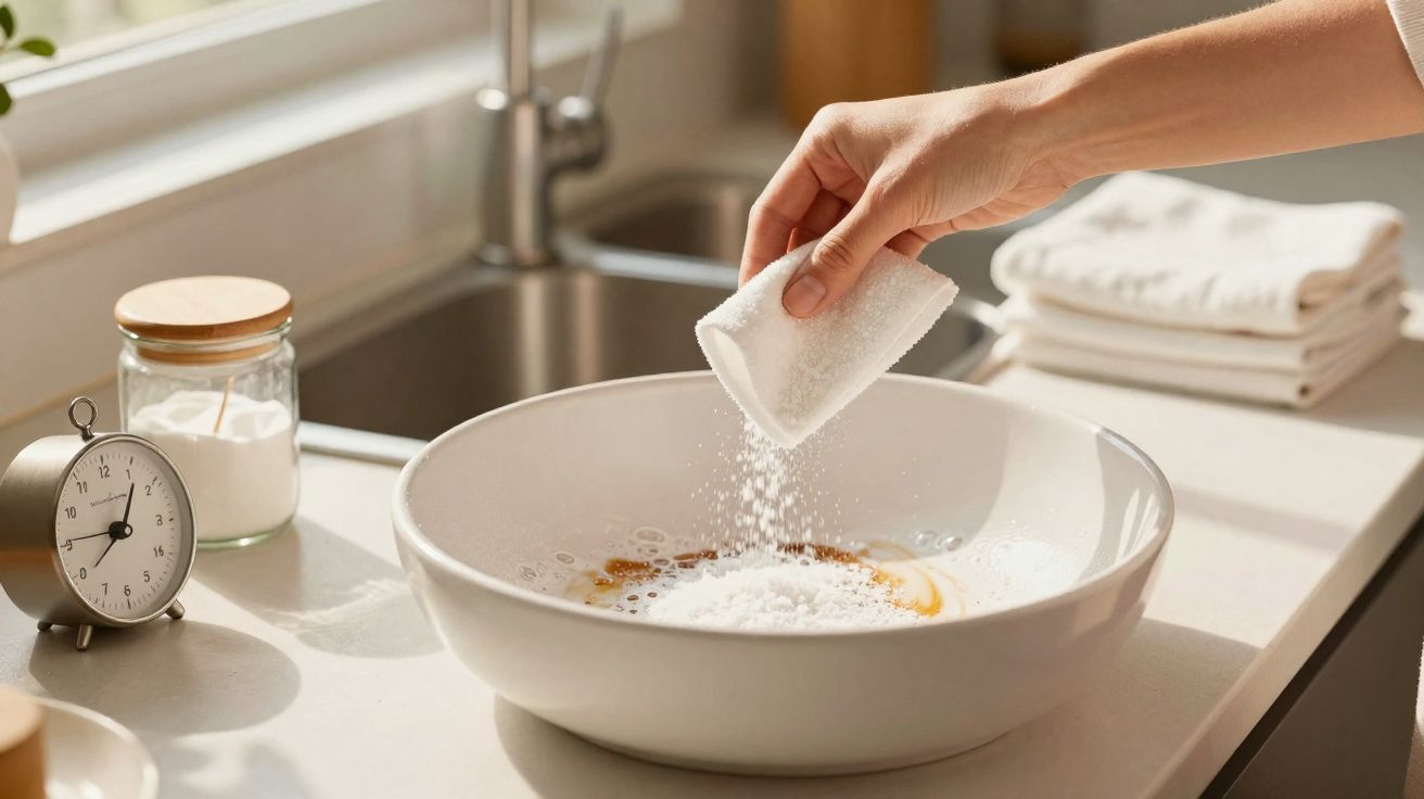 Mão derramando bicarbonato de sódio em pia branca em cozinha com relógio e frasco ao fundo.