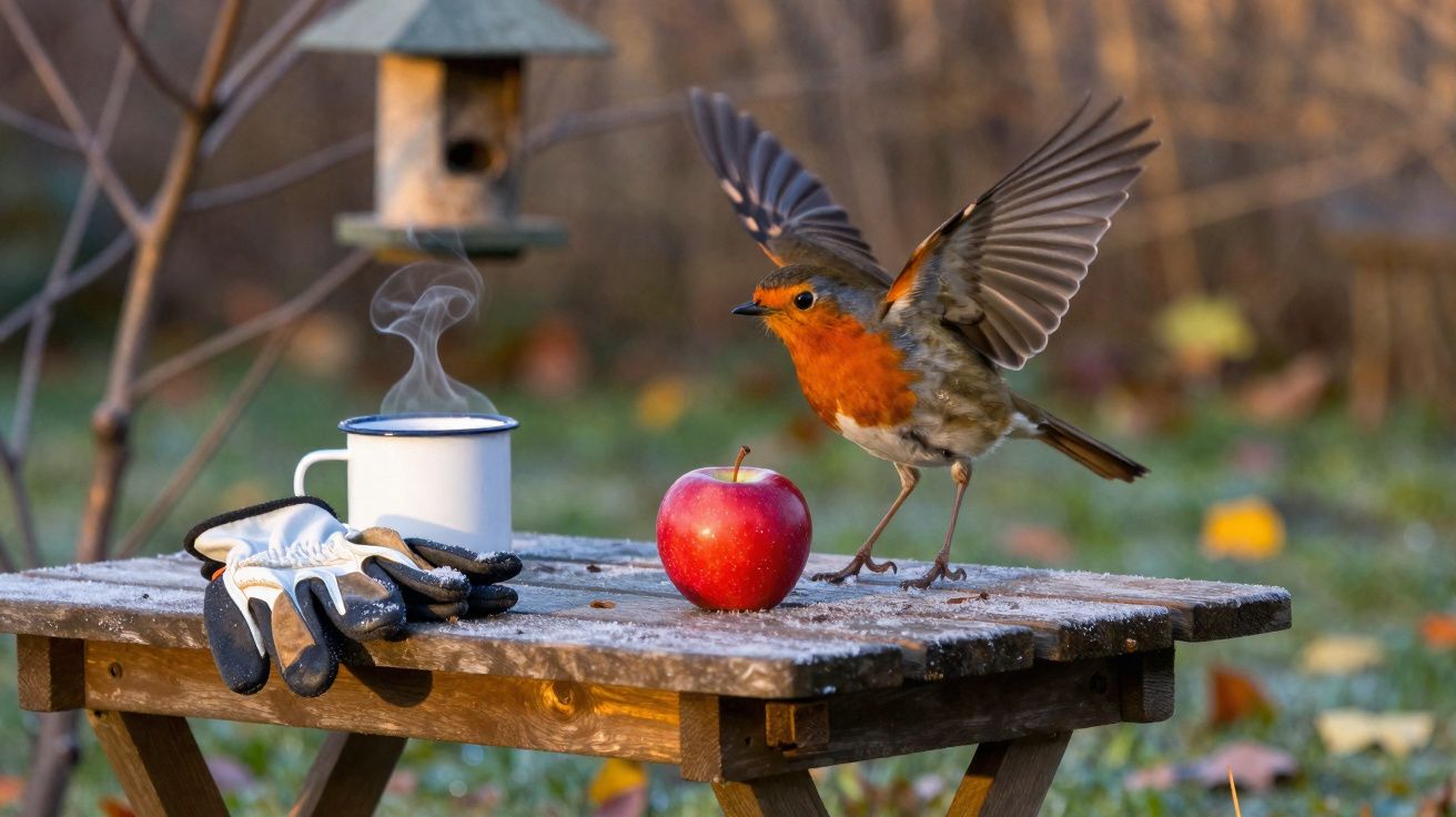 Pássaro abrindo asas sobre mesa de madeira com maçã vermelha, luvas e caneca com fumaça ao amanhecer.