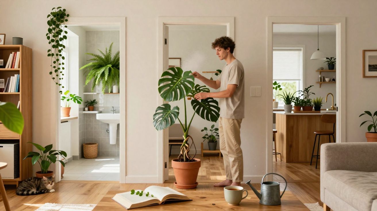 Homem cuidando de planta grande em vaso dentro de sala iluminada com móveis e decoração aconchegantes.