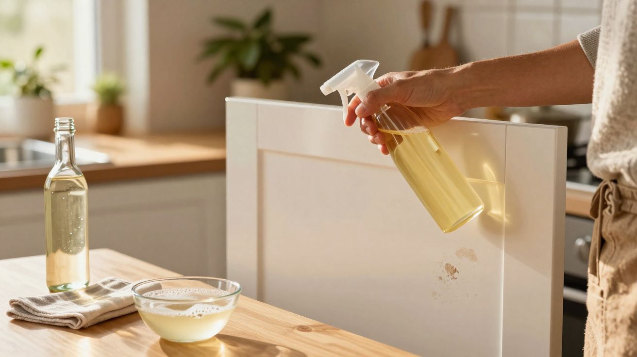 Pessoa limpando manchas em armário de cozinha com spray caseiro amarelo.