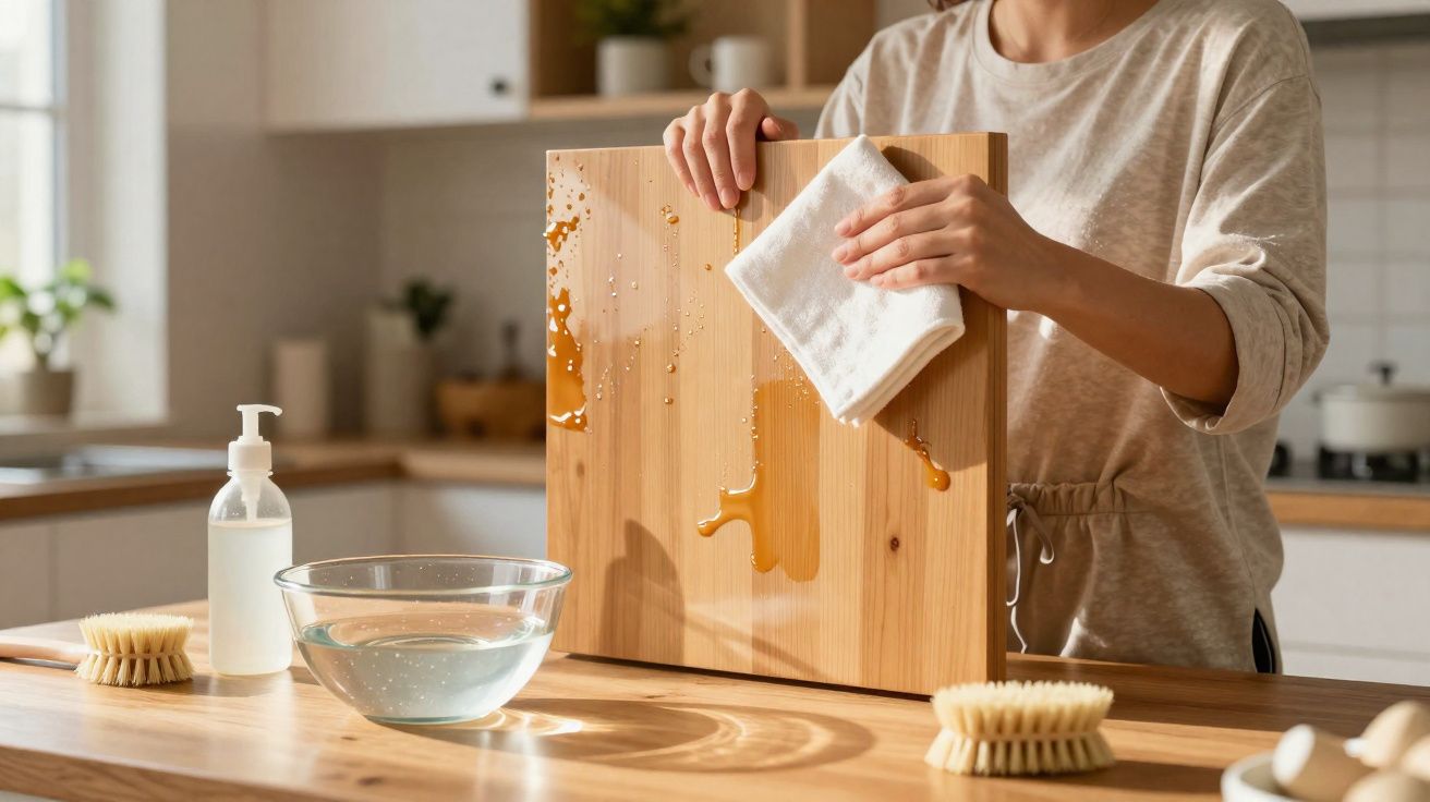 Pessoa limpando um quadro de madeira com pano branco em cozinha clara e organizada.