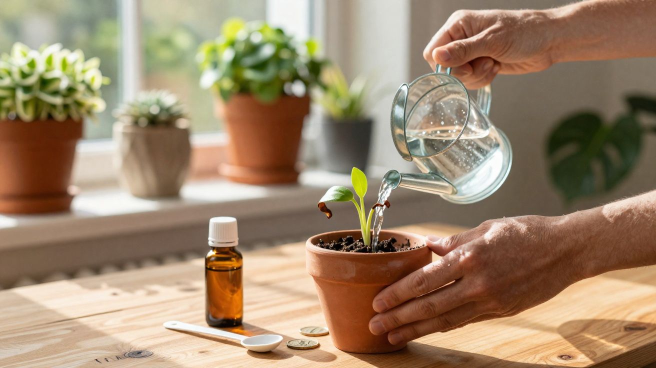 Pessoa regando muda em vaso de barro sobre mesa de madeira com plantas ao fundo e frasco âmbar ao lado.