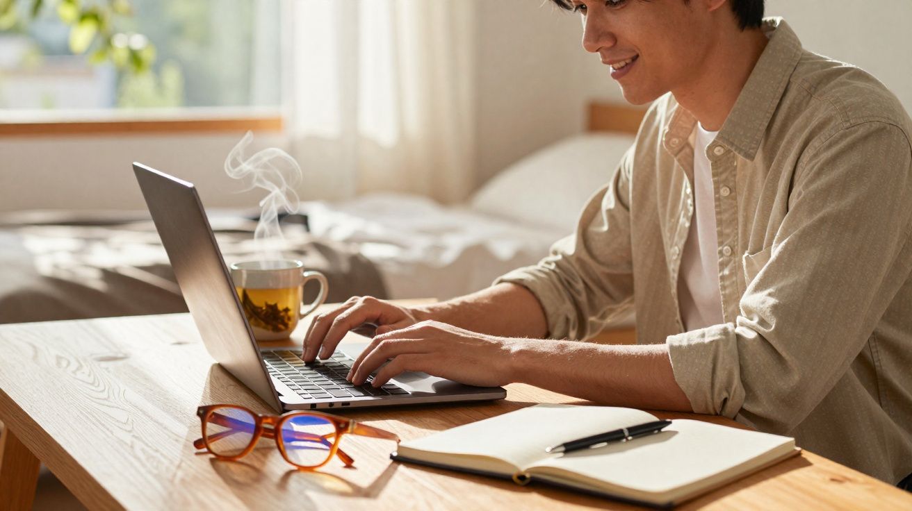 Pessoa sorridente digitando em laptop com óculos, caderno e xícara de chá quente em mesa de madeira.