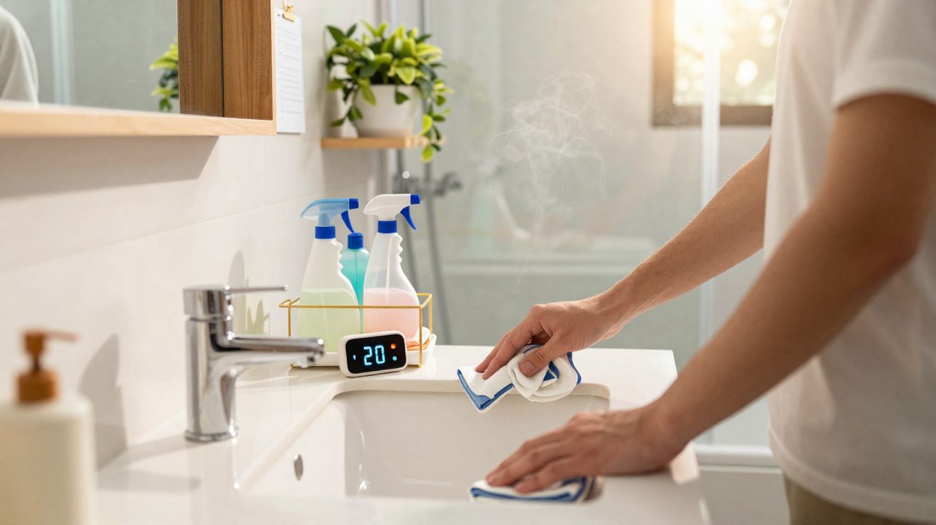 Pessoa limpando a pia do banheiro com pano enquanto um termômetro digital marca 20°C.