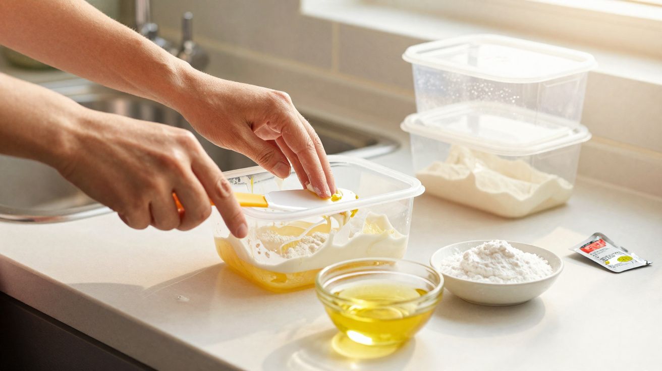 Mãos mexendo mistura branca em pote plástico com espátula na bancada com ingredientes para receita.