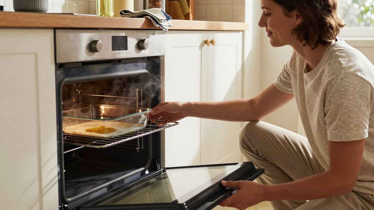 Pessoa colocando assadeira no forno em cozinha clara e iluminada pela luz natural.