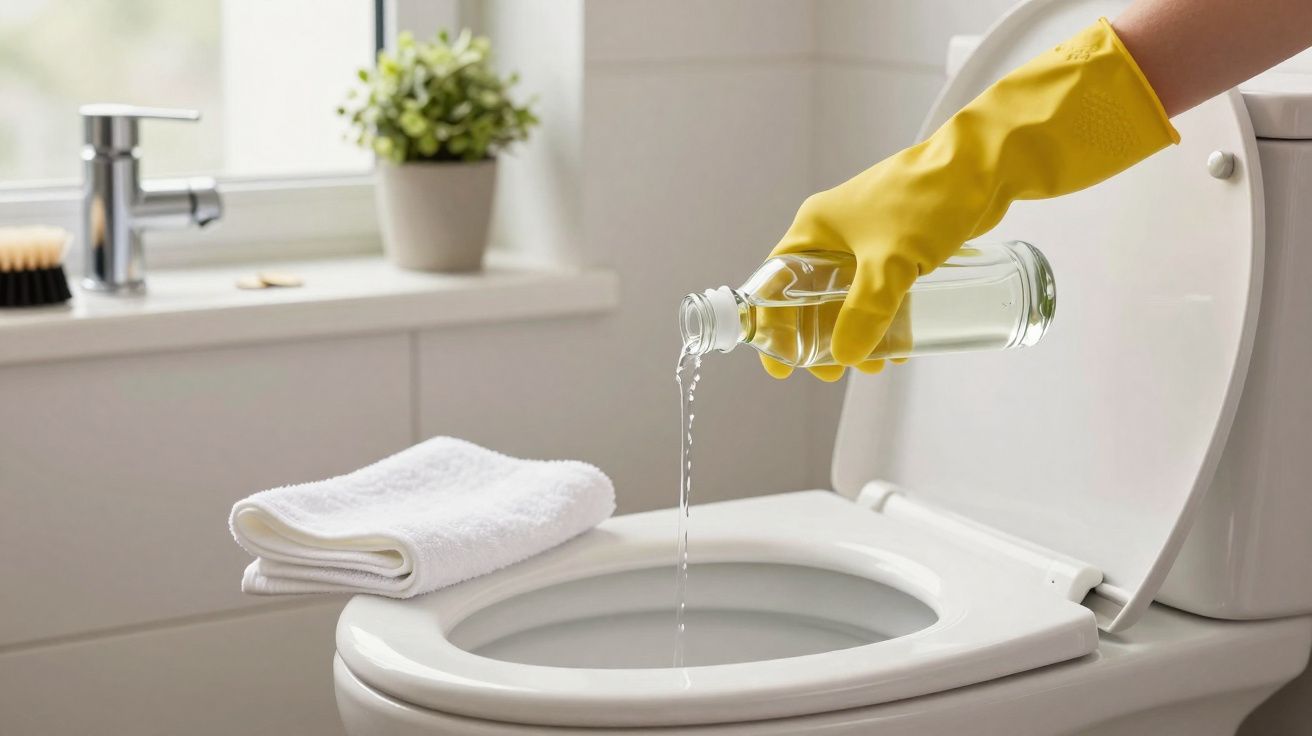 Mão com luva amarela despejando líquido de garrafa transparente em vaso sanitário branco, ao lado toalhas dobradas.