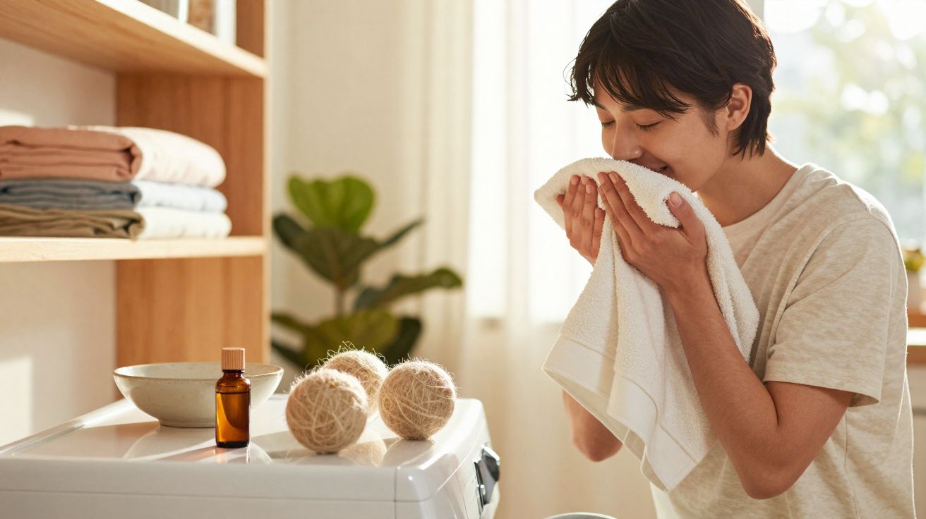 Pessoa cheirando uma toalha branca em ambiente iluminado e arrumado com prateleira e objetos decorativos.