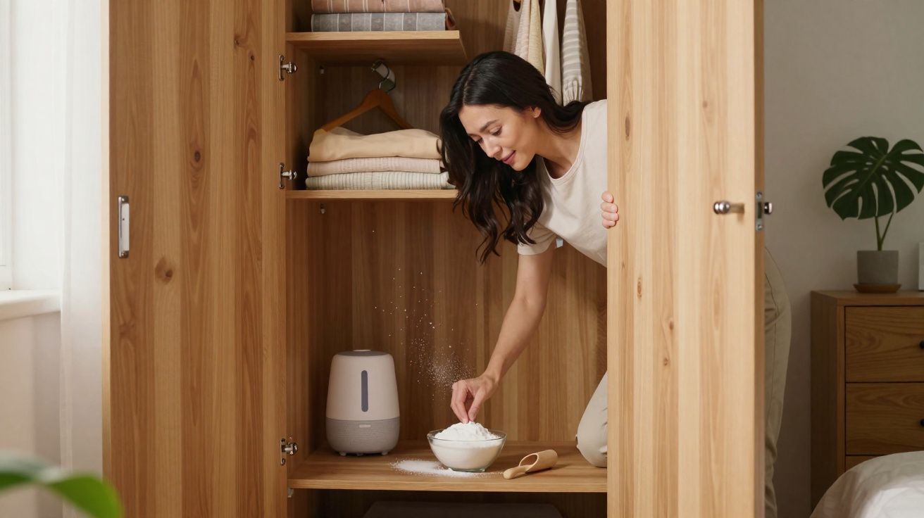 Mulher organizando um armário de madeira, colocando pó branco em um recipiente dentro dele.