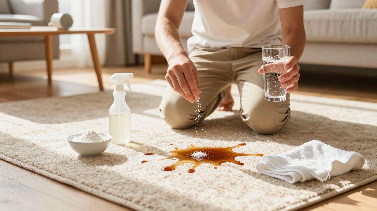 Pessoa polvilhando sal sobre mancha de líquido escuro em tapete claro, com pano, spray e tigela ao lado.