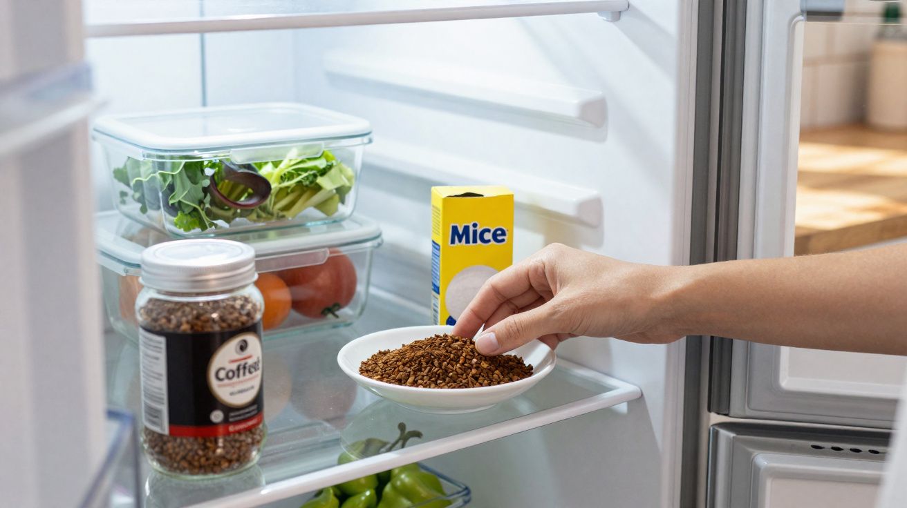 Mão colocando armadilha para ratos em prato dentro da geladeira com alimentos armazenados.