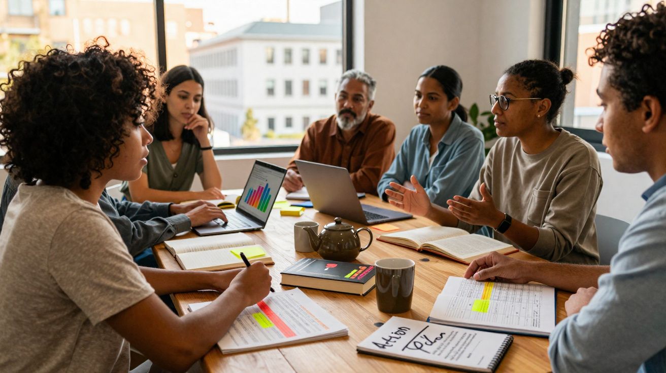 Grupo diverso reunido em escritório discutindo planejamento com laptops e documentos em mesa de madeira.