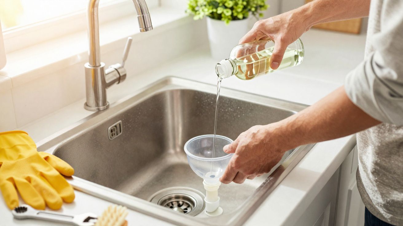 Pessoa despejando líquido em funil dentro da pia da cozinha com luvas amarelas e utensílios ao lado.