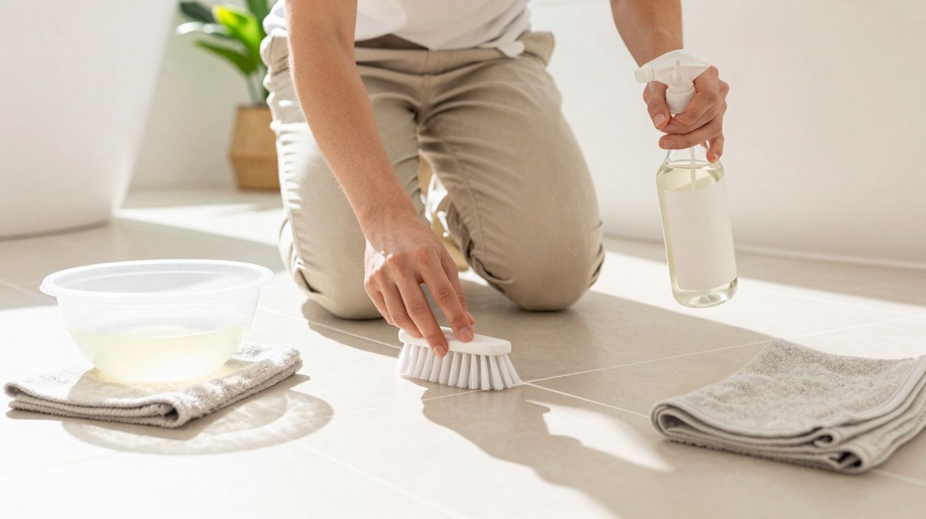 Pessoa limpa piso com escova, borrifador e panos em ambiente iluminado por luz natural.
