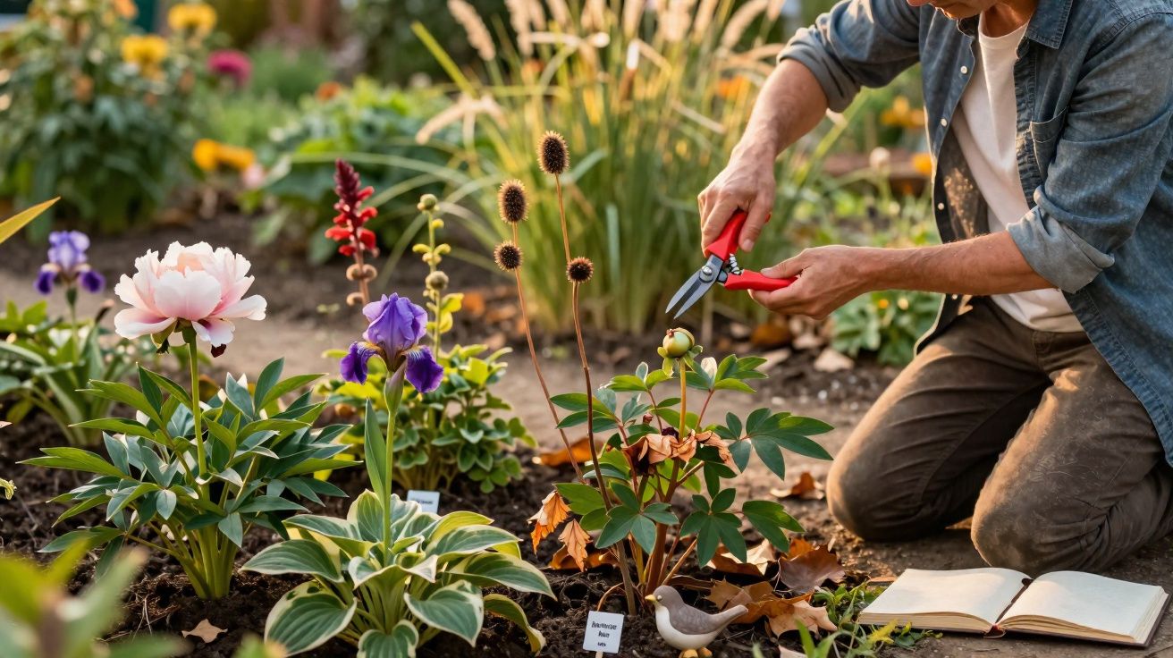 Pessoa cuidando do jardim, podando flores coloridas com tesoura e caderno aberto ao lado no chão.