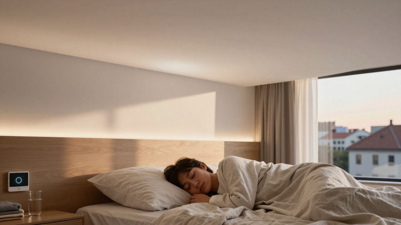 Pessoa dormindo em cama clara com janela grande ao fundo em quarto iluminado pelo sol da manhã.