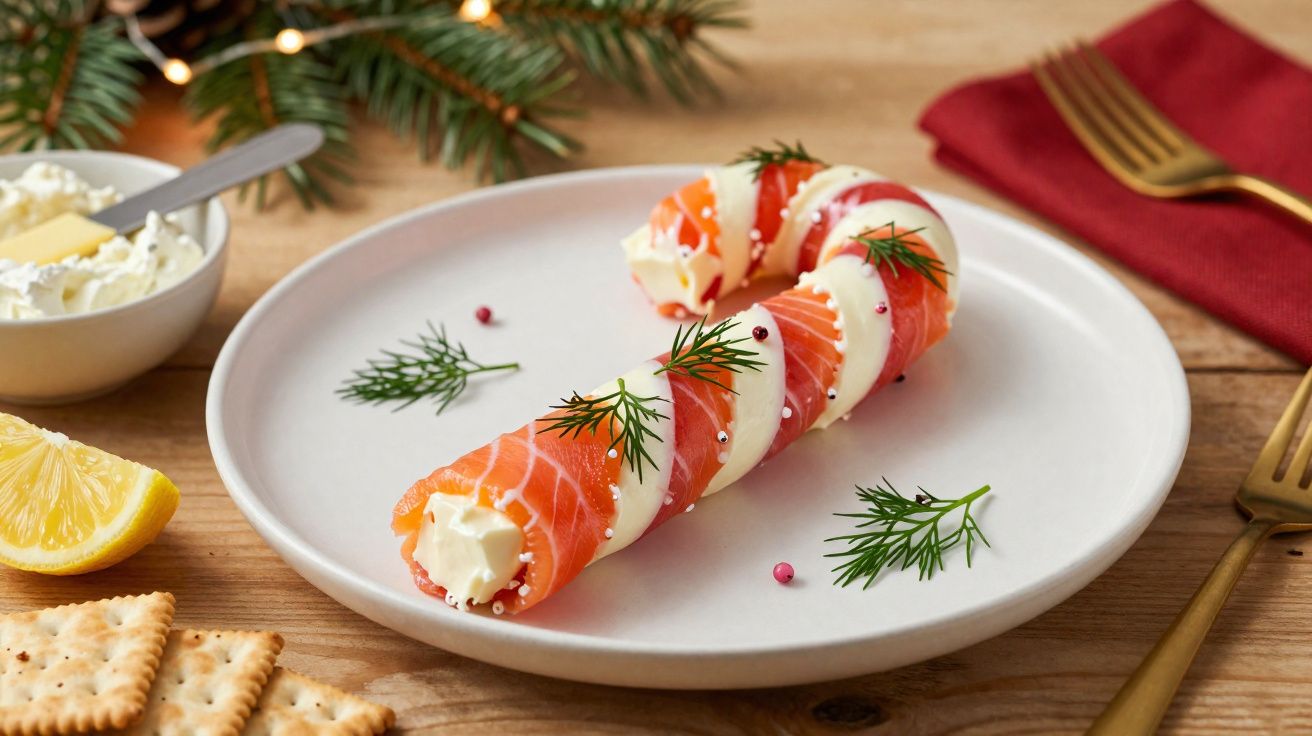 Prato com bastão decorado de salmão, cream cheese, endro e pimenta rosa, com limão e biscoitos ao lado.
