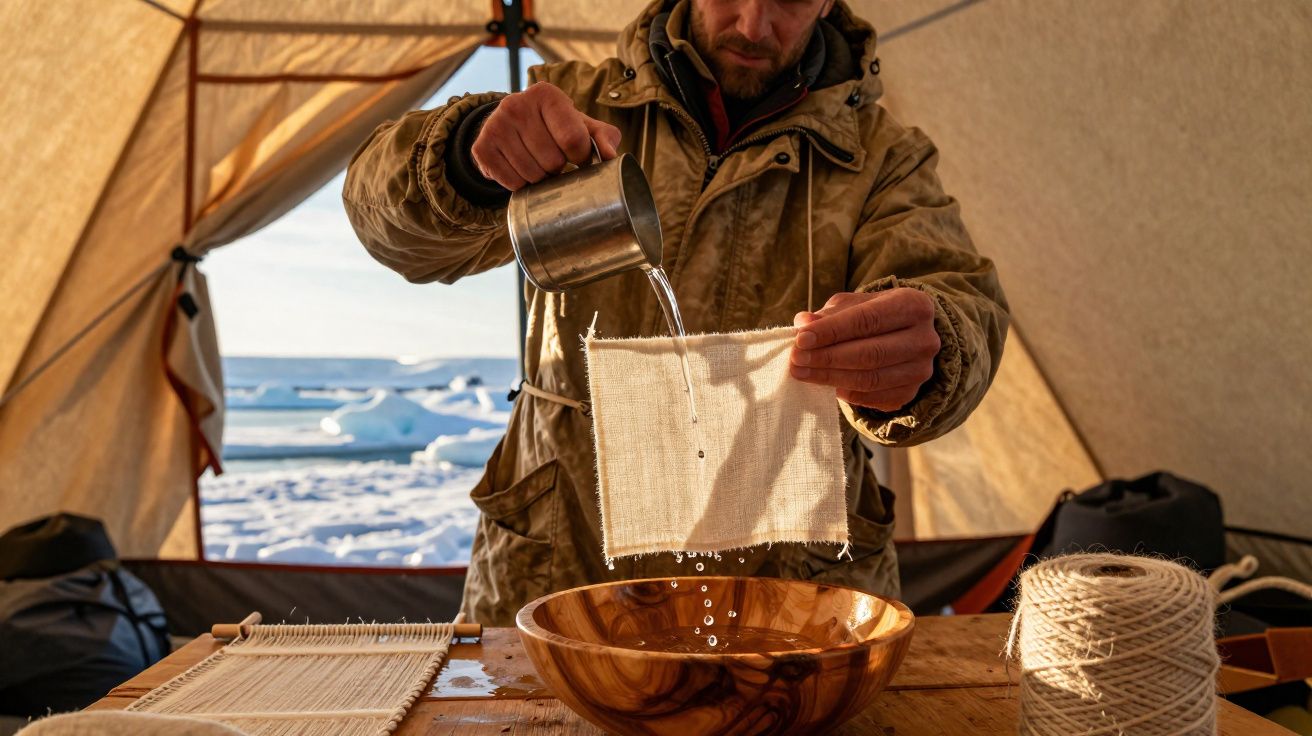 Homem derrama água em tecido para tingimento dentro de barraca com vista para gelo e mar ao fundo.