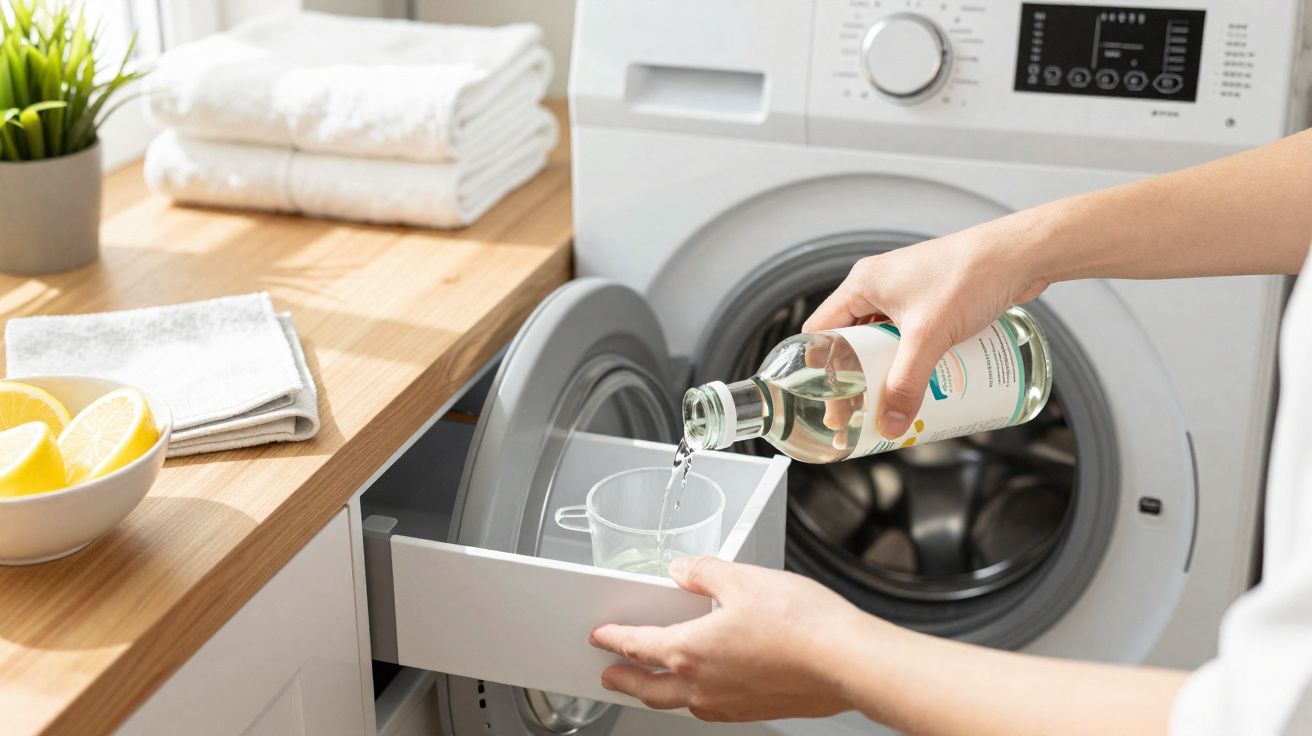 Pessoa despejando líquido de garrafa em compartimento de detergente de máquina de lavar roupa branca.