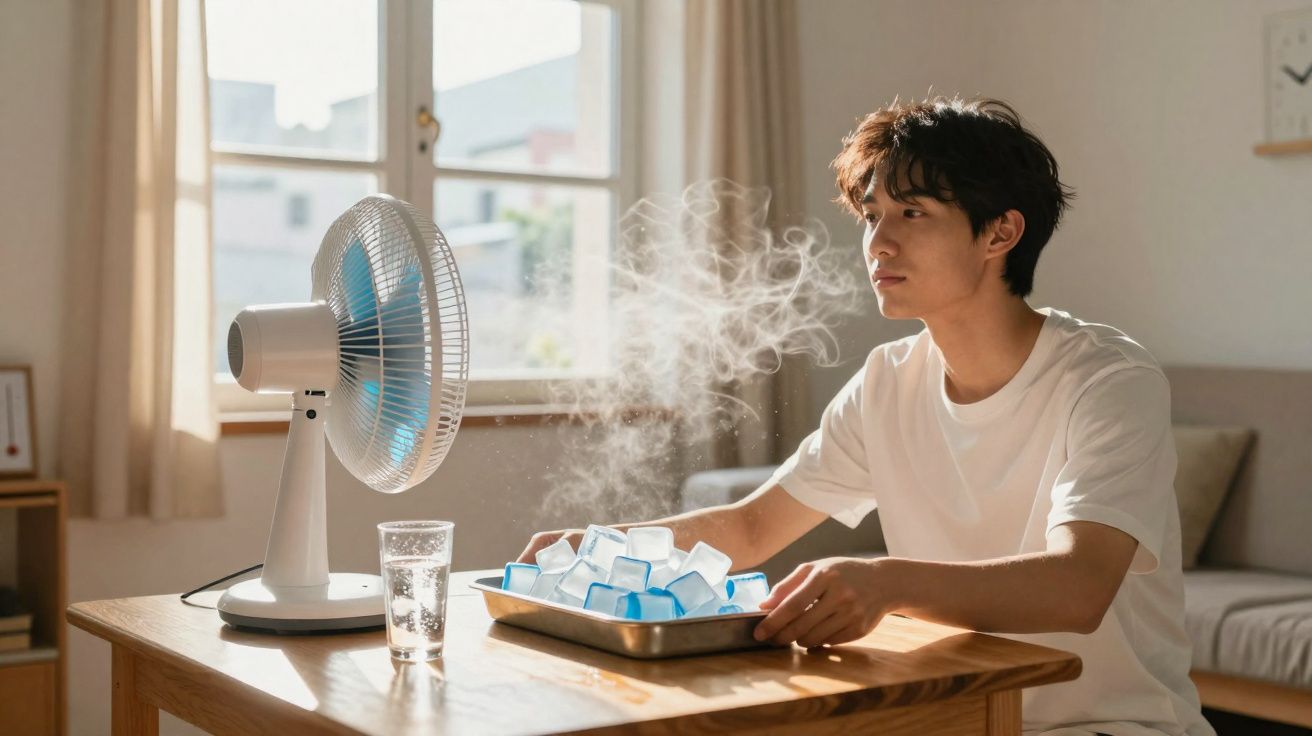 Homem sentado diante de ventilador com bandeja de gelo, tentando se refrescar em ambiente claro e arejado.