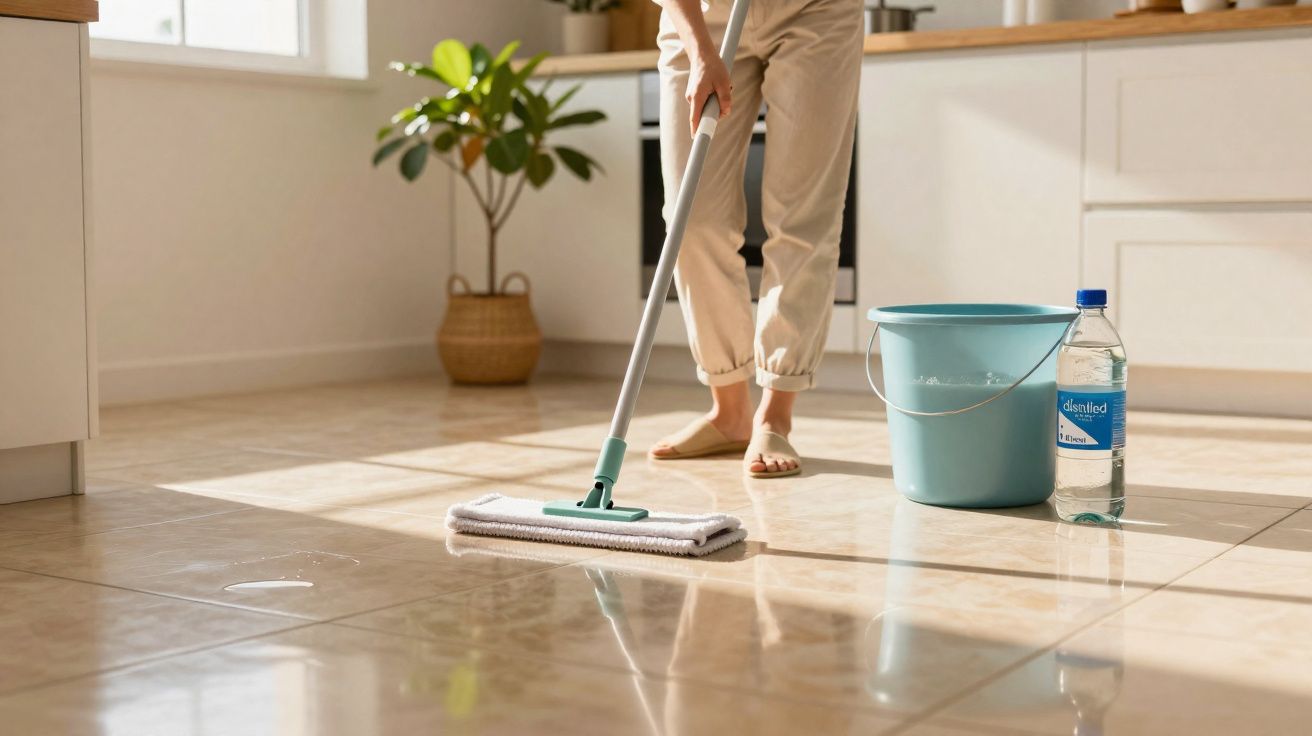 Pessoa limpando o chão da cozinha com esfregão, balde azul e garrafa de água mineral ao lado.