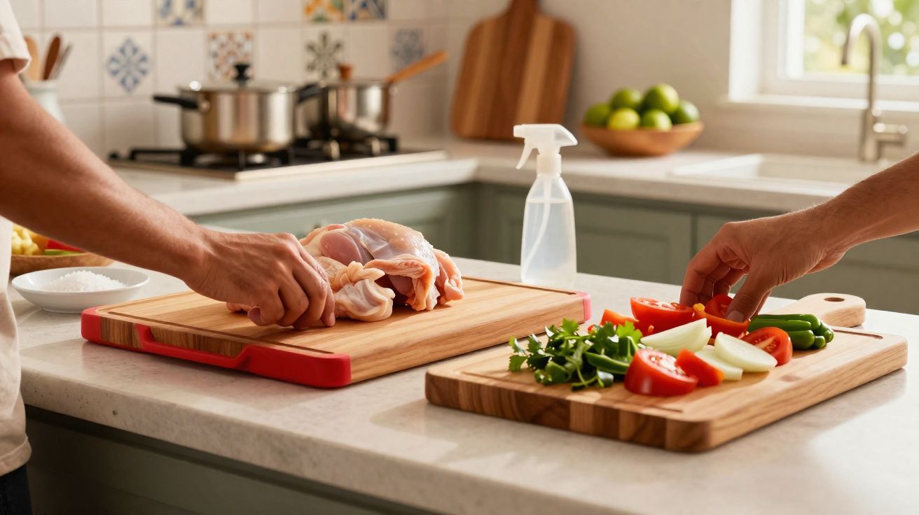 Pessoas preparando frango cru e legumes em tábuas de corte diferentes em cozinha bem iluminada.
