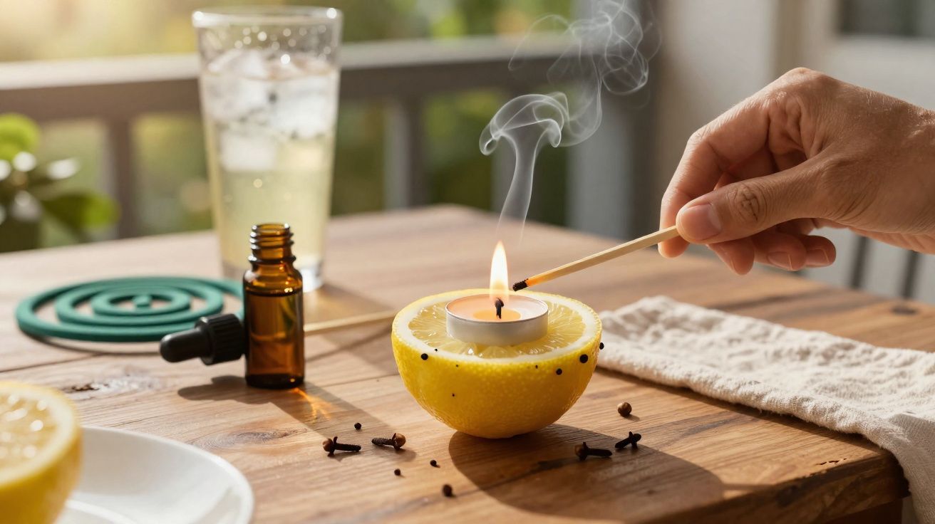 Mão acendendo vela em meia laranja com cravos em mesa de madeira com aromatizador e bebida ao fundo.