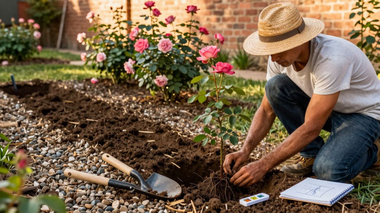 Homem com chapéu plantando rosa rosa em jardim com ferramentas e caderno ao lado.