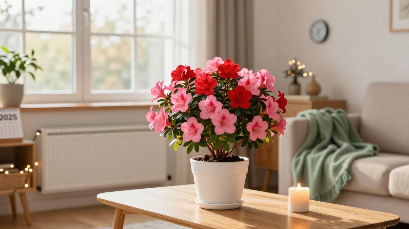 Vaso com flores vermelhas e rosas sobre mesa de madeira em sala iluminada e aconchegante.