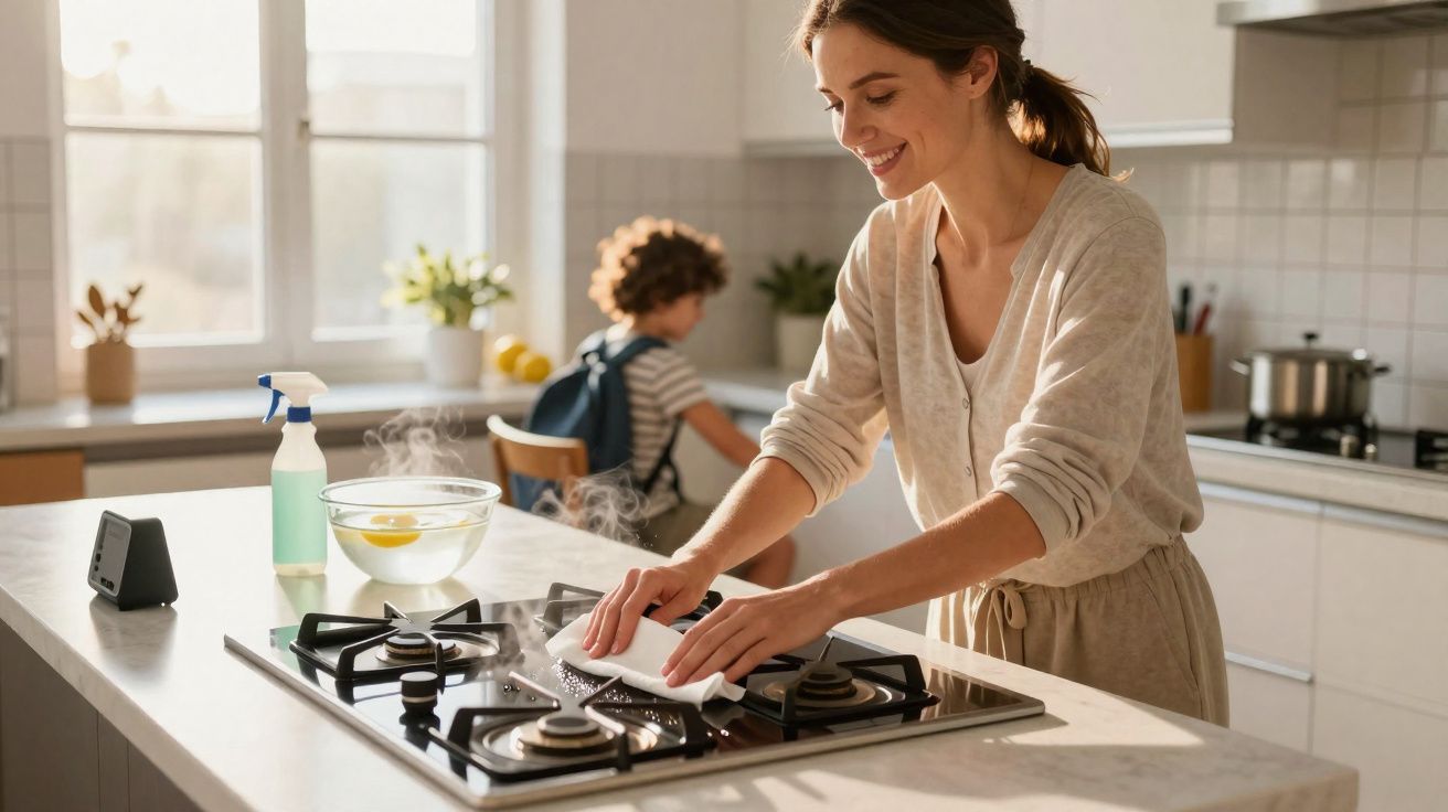 Mulher limpa fogão na cozinha enquanto uma criança está ao fundo sentada na mesa.