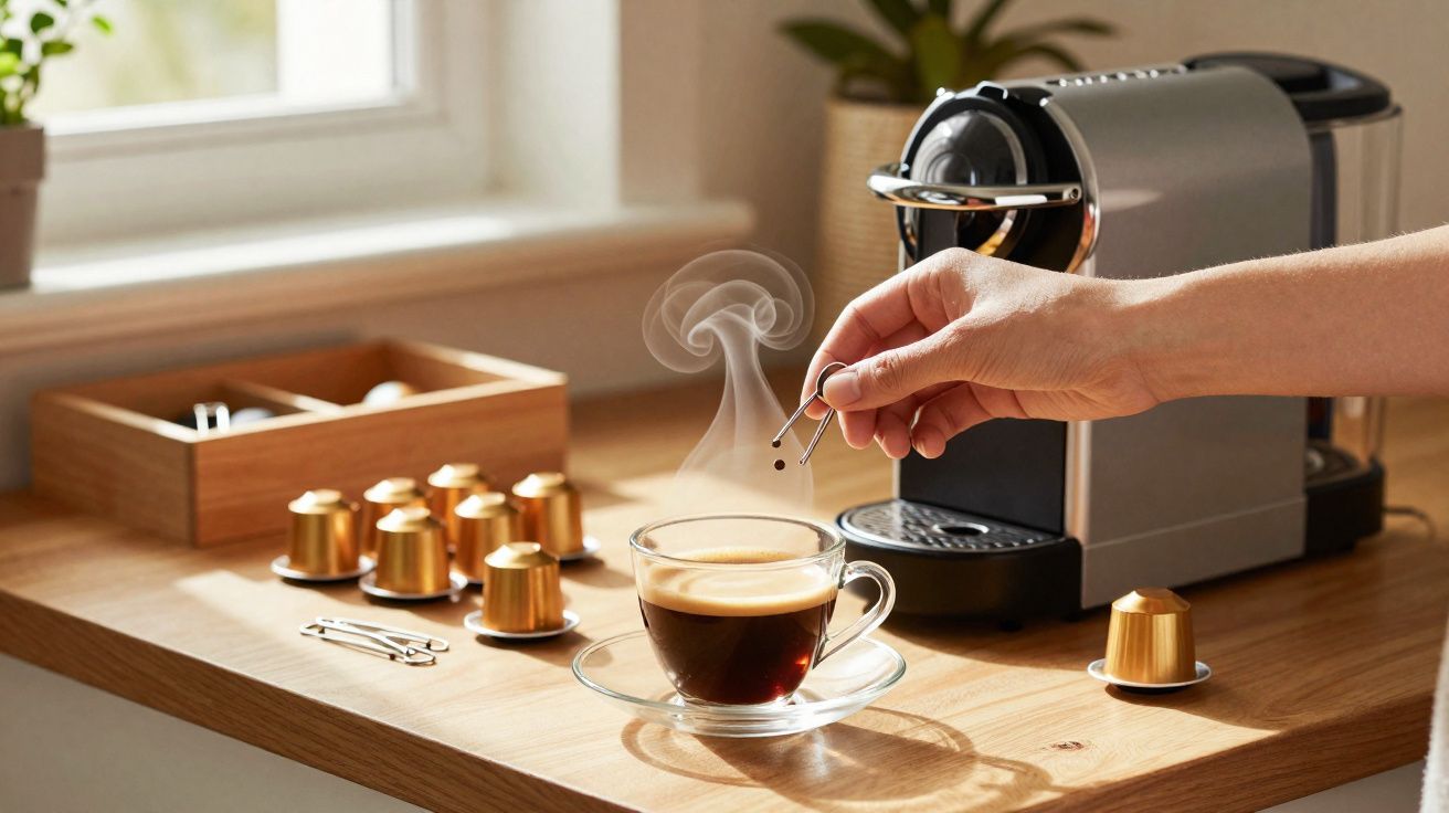 Pessoa adiciona pepitas de café em xícara com café fresco ao lado de máquina de cápsulas em balcão de madeira.