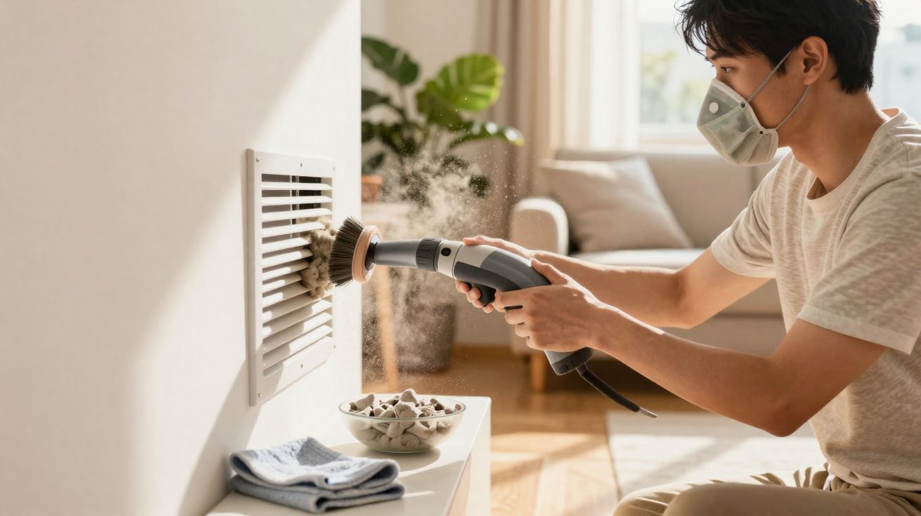Homem usando máscara limpando grade de ventilação com aspirador de pó portátil em sala iluminada.