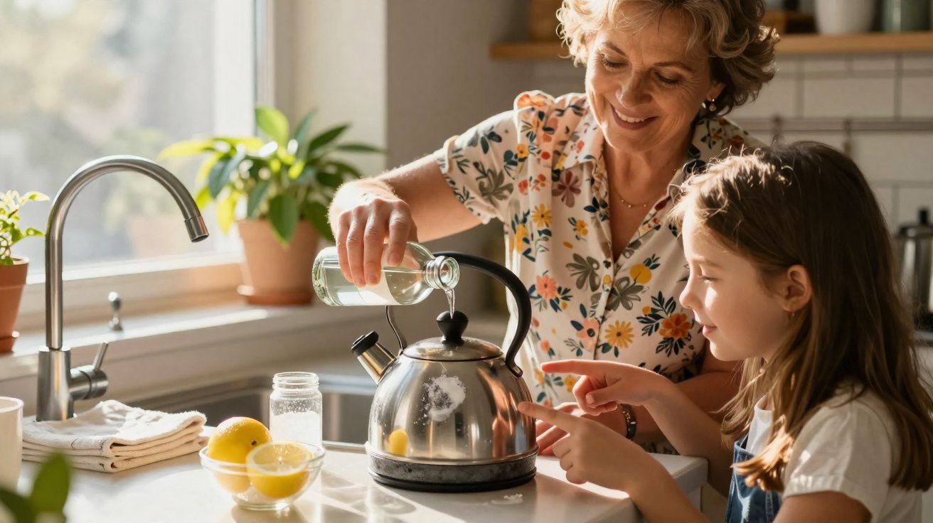 Mulher e menina sorrindo preparam chá juntas na cozinha com chaleira e limões na bancada.