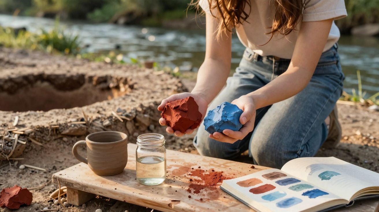 Pessoa segurando pedaços de argila vermelha e azul ao lado de tabela de cores próxima a um rio.