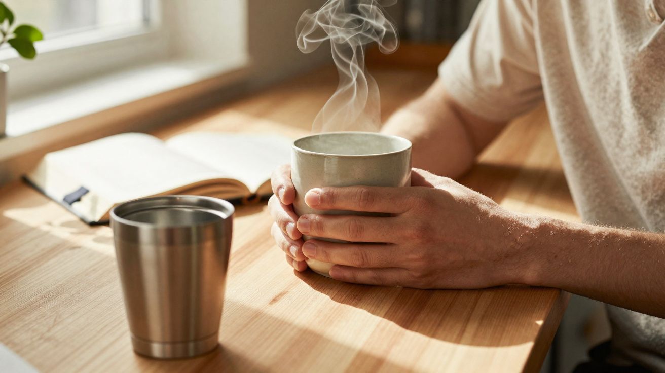 Pessoa segurando uma caneca de bebida quente com fumaça, livro aberto e copo metálico sobre mesa de madeira.