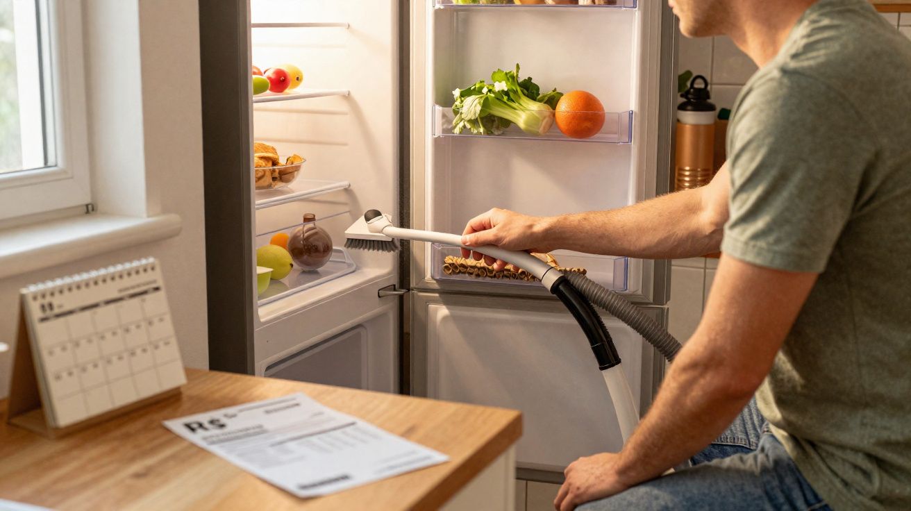 Homem limpando o interior da geladeira aberta com escova acoplada a aspirador de pó.
