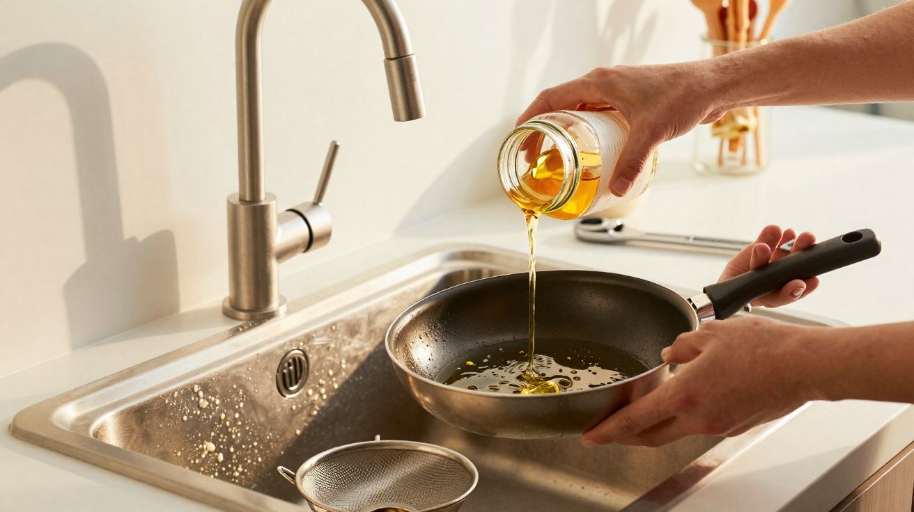Pessoa despejando óleo em frigideira sobre pia de cozinha com cuba e torneira inox.